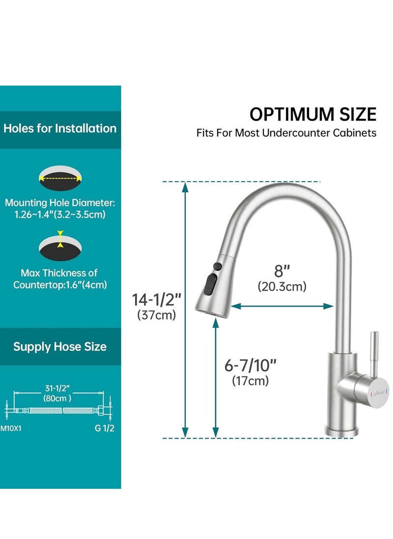 Stainless Steel Kitchen Faucet Mixer with Pull Down Brushed Kitchen Tap 3 Water Modes Single Handle High Arc Sink Mixer 360° Swivel Modern Deck Mount for Hot,Cold Water