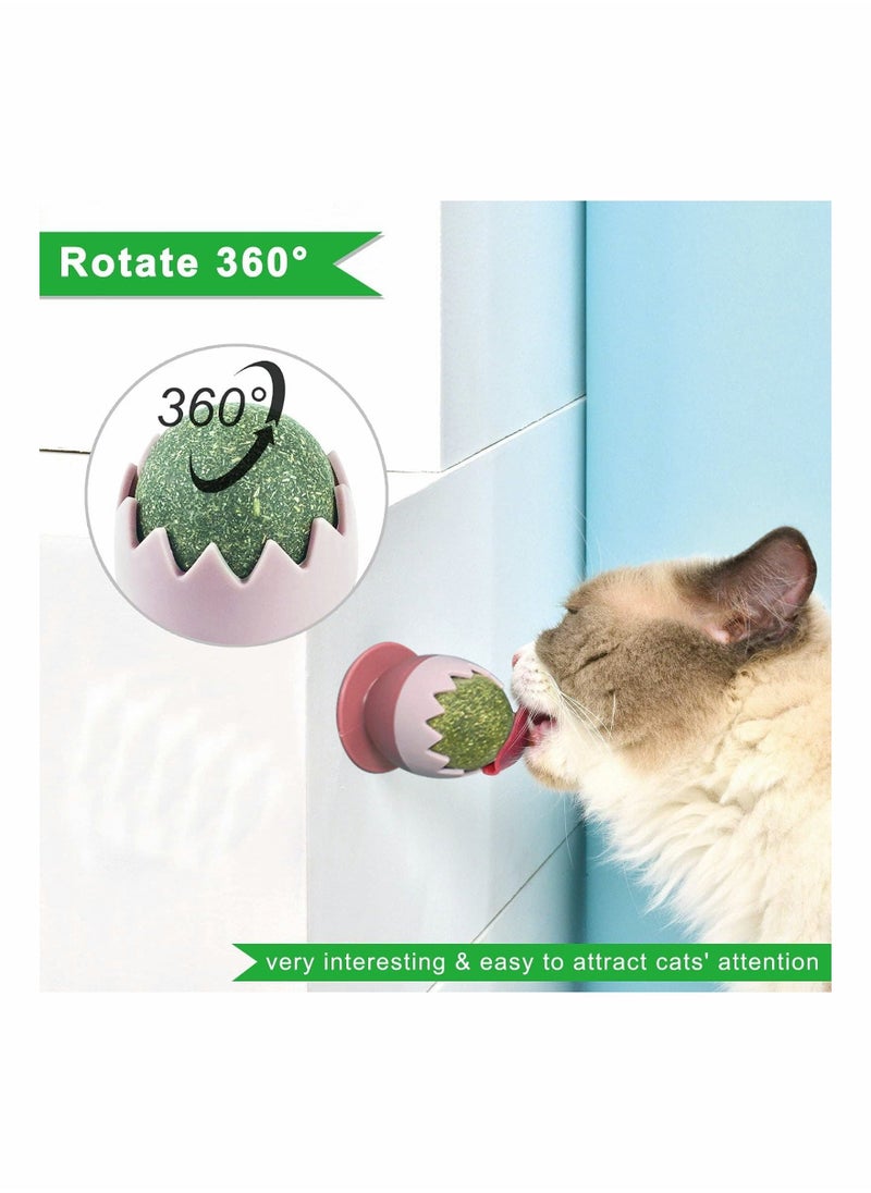 Catnip Balls Toy for Cats, Rotatable Edible Kitty Toys for Cats Lick, Teeth Cleaning Dental Kitten Chew Toys, Safe Healthy Cat Wall Treats for Kitten (Green+Pink)