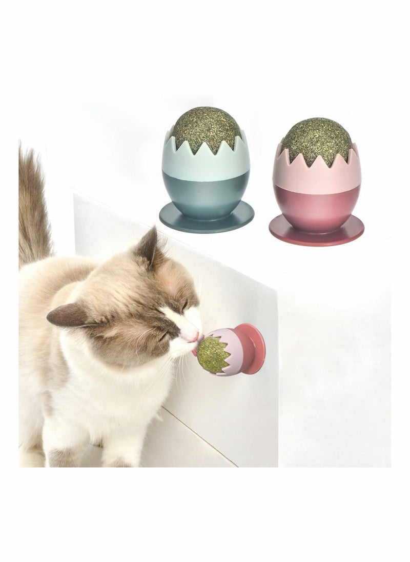 Catnip Balls Toy for Cats, Rotatable Edible Kitty Toys for Cats Lick, Teeth Cleaning Dental Kitten Chew Toys, Safe Healthy Cat Wall Treats for Kitten (Green+Pink)