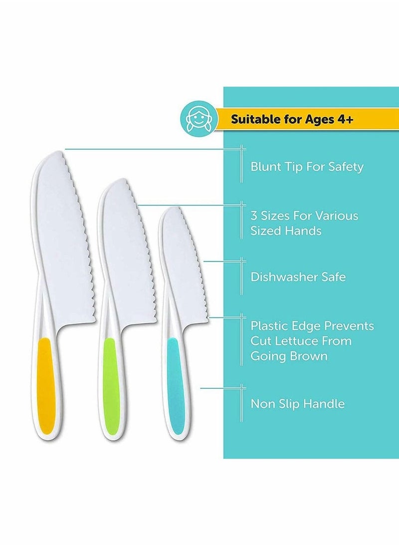 3-Piece Kids Plastic Fruit Knife Kids Cooking Tools - Firm Grip, Serrated Edges Can Cut Fruits, Salads, Cakes, Lettuce