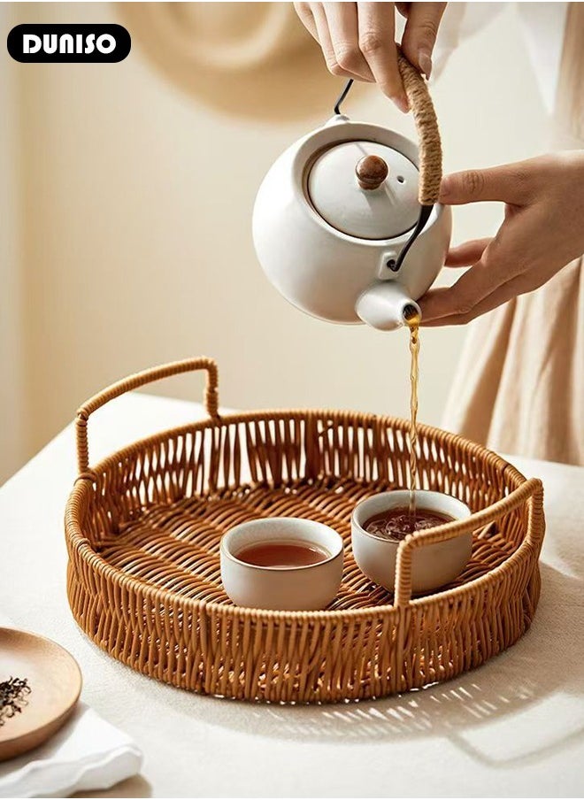 3 PCS Rattan Serving Tray with Handles, Woven Wicker Tray, Round Rattan Basket, Coffee Table Home Decorative Organizer Tray for Drinks Snack Breakfast Dinner Parties Home Kitchen