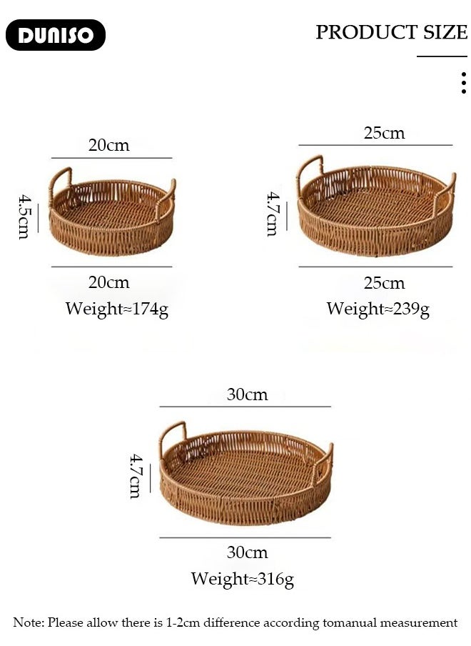 3 PCS Rattan Serving Tray with Handles, Woven Wicker Tray, Round Rattan Basket, Coffee Table Home Decorative Organizer Tray for Drinks Snack Breakfast Dinner Parties Home Kitchen