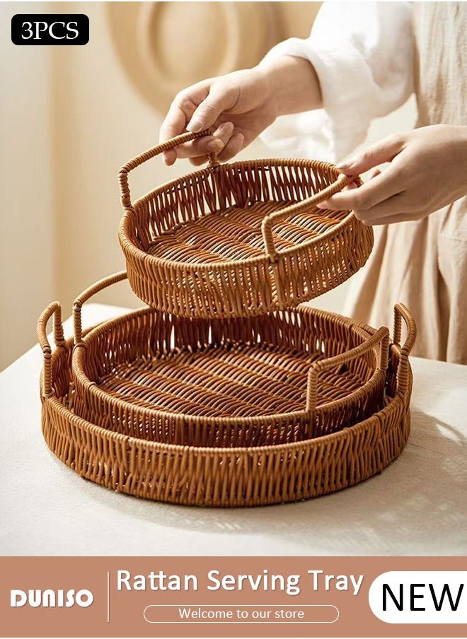 3 PCS Rattan Serving Tray with Handles, Woven Wicker Tray, Round Rattan Basket, Coffee Table Home Decorative Organizer Tray for Drinks Snack Breakfast Dinner Parties Home Kitchen