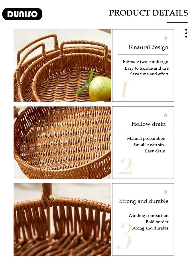 3 PCS Rattan Serving Tray with Handles, Woven Wicker Tray, Round Rattan Basket, Coffee Table Home Decorative Organizer Tray for Drinks Snack Breakfast Dinner Parties Home Kitchen