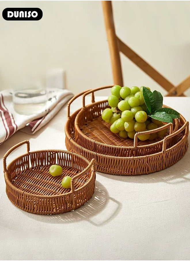 3 PCS Rattan Serving Tray with Handles, Woven Wicker Tray, Round Rattan Basket, Coffee Table Home Decorative Organizer Tray for Drinks Snack Breakfast Dinner Parties Home Kitchen