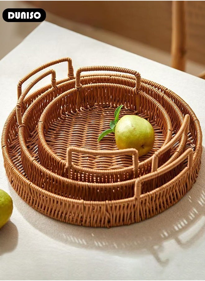 3 PCS Rattan Serving Tray with Handles, Woven Wicker Tray, Round Rattan Basket, Coffee Table Home Decorative Organizer Tray for Drinks Snack Breakfast Dinner Parties Home Kitchen