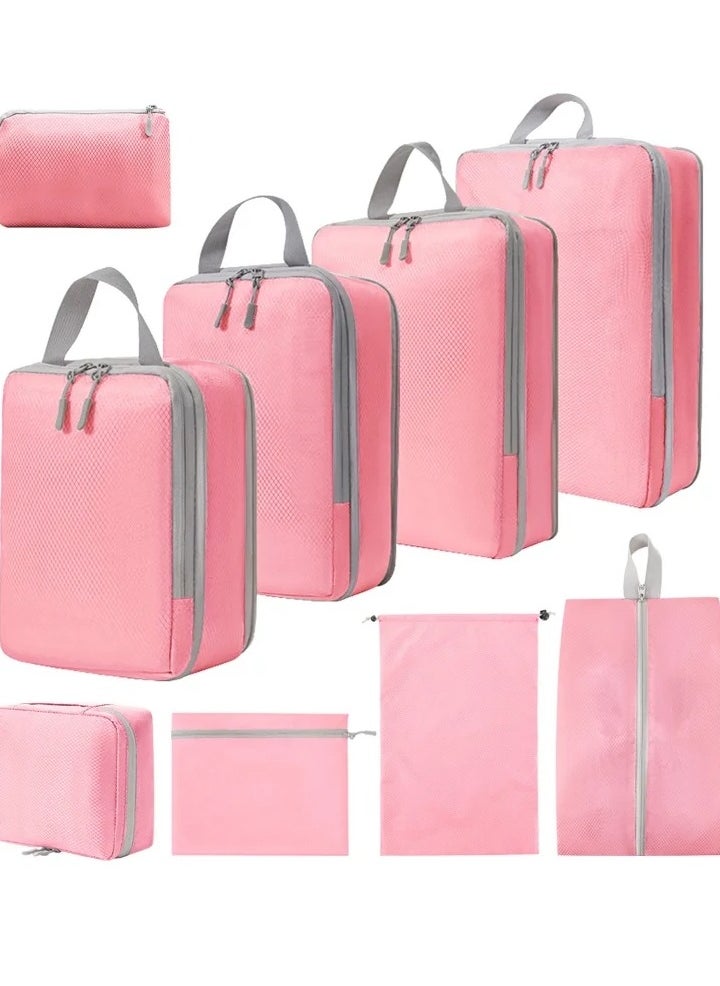 9 Set Compression Packing Cubes for Travel, Lightweight Vacation Travel Essentials, Travel Accessories for Suitcase Organizer Bags Set, Durable Luggage Organizer Travel Bags, Pink