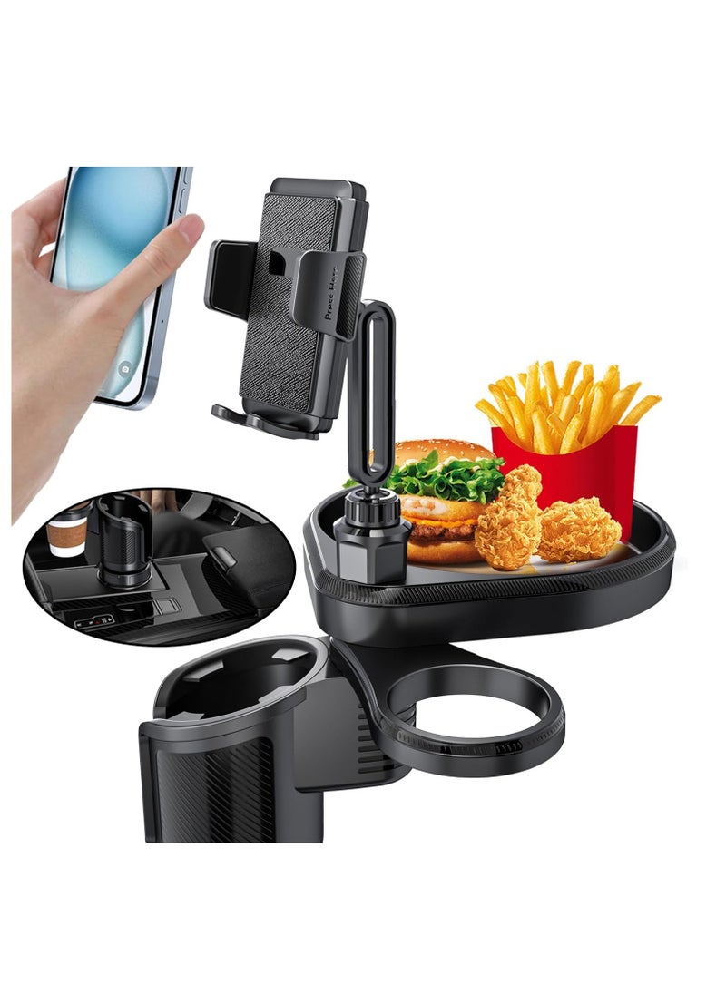 3-in-1 Expandable Car Cup Holder Expander with Food Tray Table, 360° Rotating Phone Mount, Perfect for Road Trips and Car Travel Accessories.