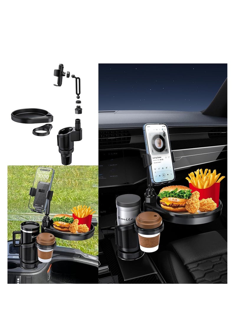 3-in-1 Expandable Car Cup Holder Expander with Food Tray Table, 360° Rotating Phone Mount, Perfect for Road Trips and Car Travel Accessories.