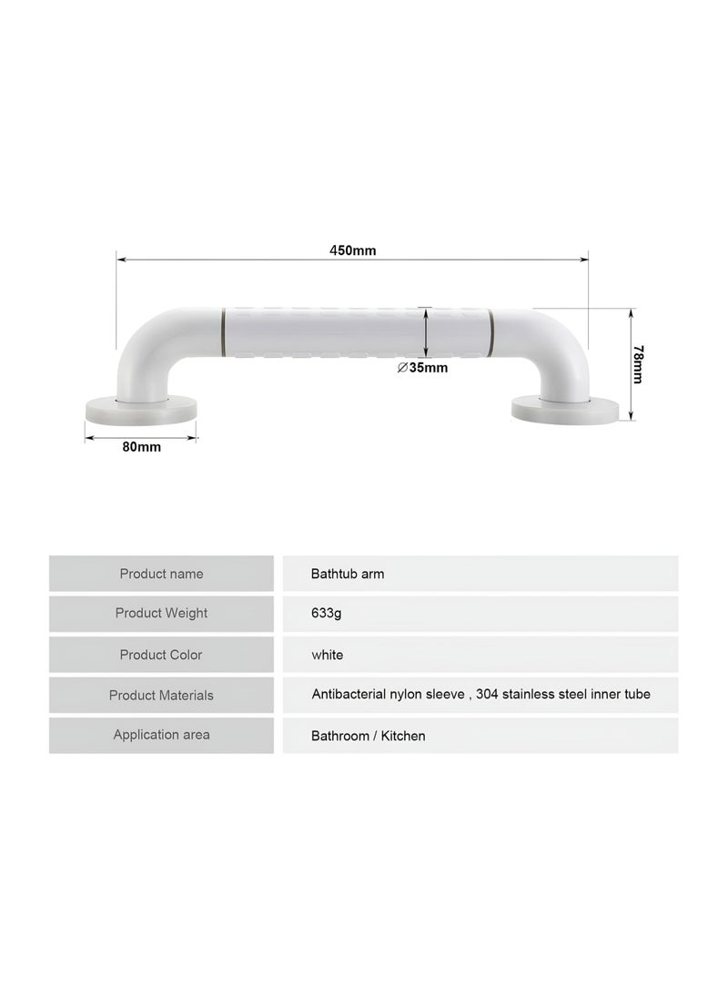 non-slip grab rail for bathrooms and showers, measuring 45 cm in length, with white stainless steel and nylon safety handles