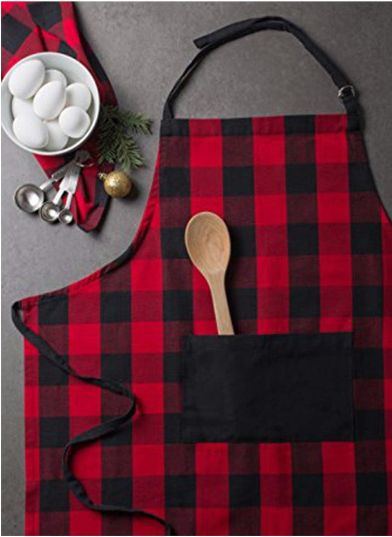 Cotton Adjustable Buffalo Check Plaid Apron with Pocket & Extra-Long Ties, 32 x 28