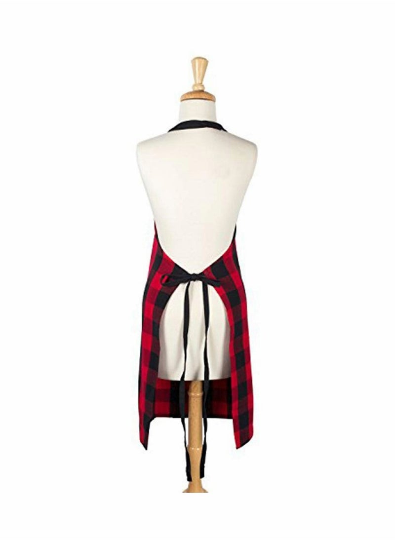 Cotton Adjustable Buffalo Check Plaid Apron with Pocket & Extra-Long Ties, 32 x 28