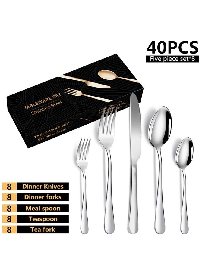 40 Piece Silverware Cutlery Set Modern Kitchen Utensil Set Includes Fork Spoon Knife For 5 People Suitable For Home And Kitchen Dishwasher Safe Silver