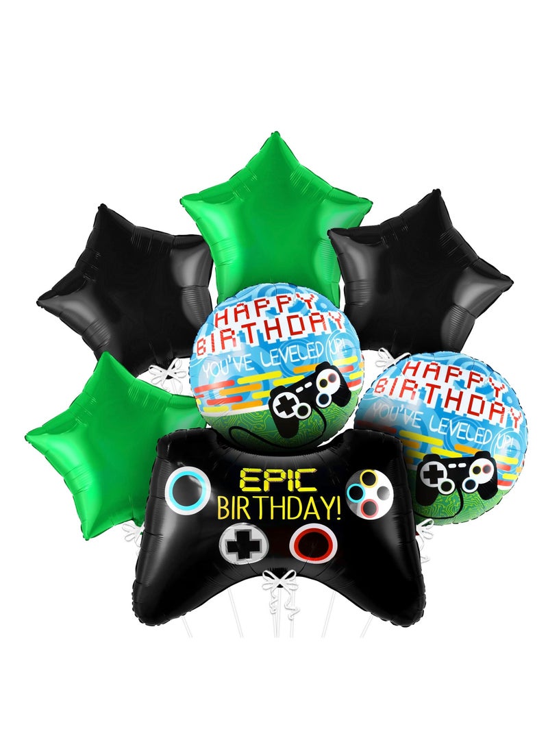 Ultimate Gamer's Party Balloon Set, 7 Pack Including Video Game Controller & Star Designs, Vibrant Green Gaming Themed Balloons, Perfect for Video Game Parties and Gamer Birthdays