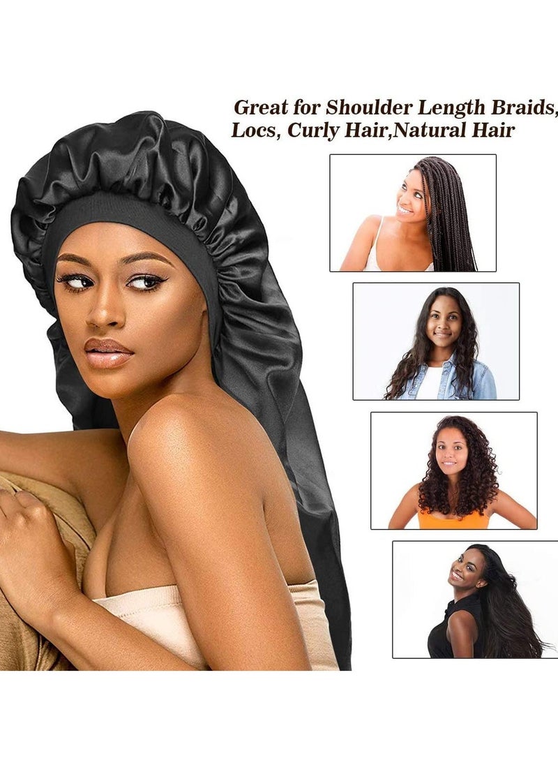 Satin Bonnet Sleep Cap Silk for Natural Hair Long Extra Large Bonnets Women Night Wide Elastic Band Very Soft Comfortable Black+Red