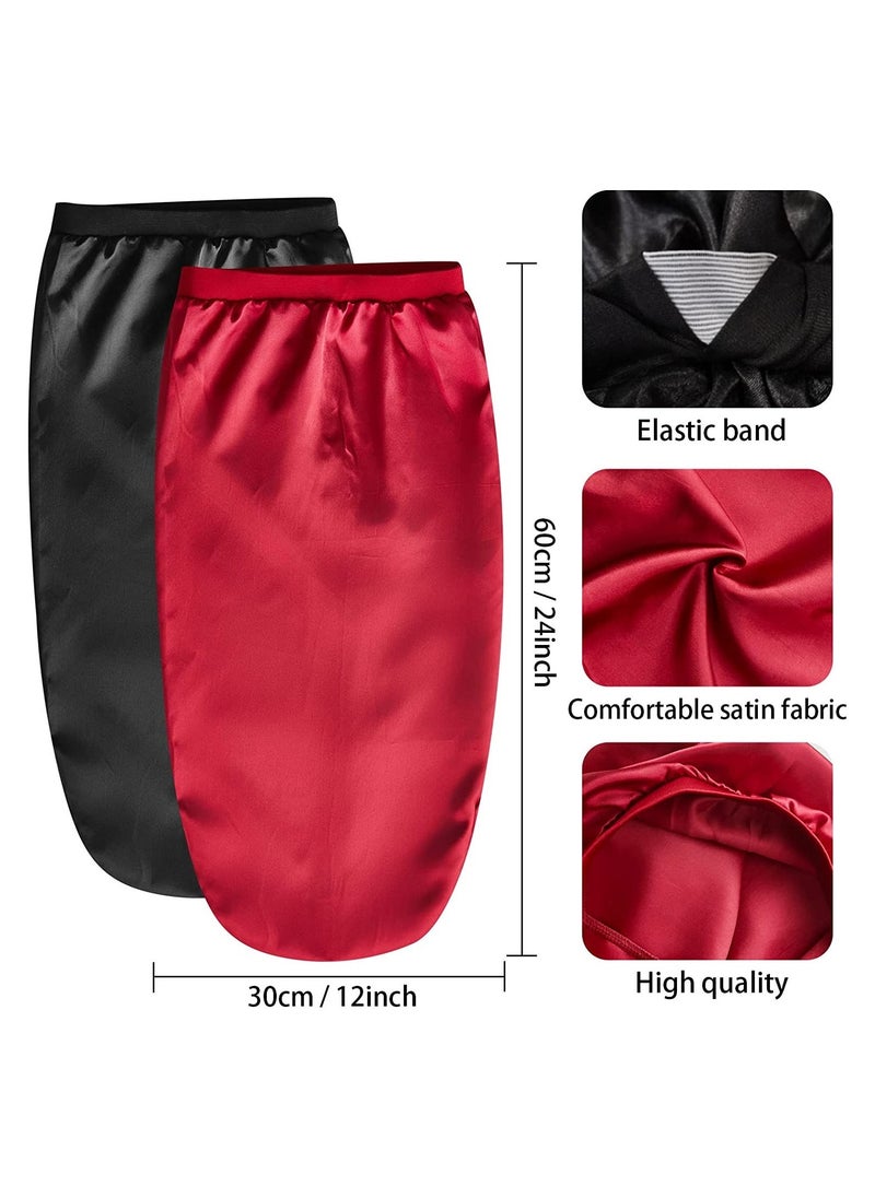 Satin Bonnet Sleep Cap Silk for Natural Hair Long Extra Large Bonnets Women Night Wide Elastic Band Very Soft Comfortable Black+Red