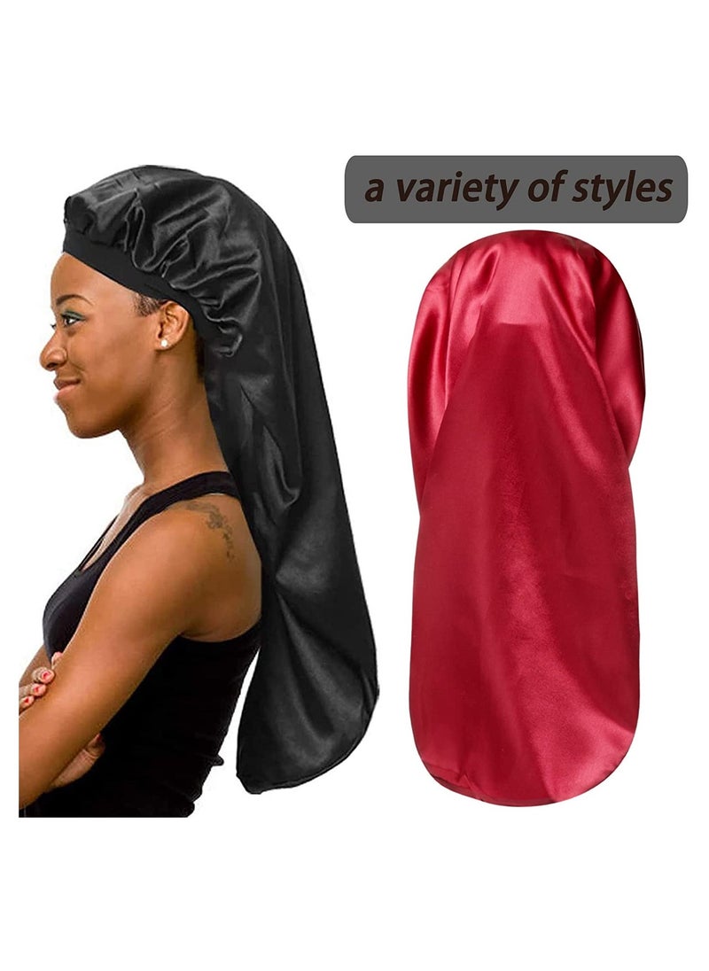 Satin Bonnet Sleep Cap Silk for Natural Hair Long Extra Large Bonnets Women Night Wide Elastic Band Very Soft Comfortable Black+Red