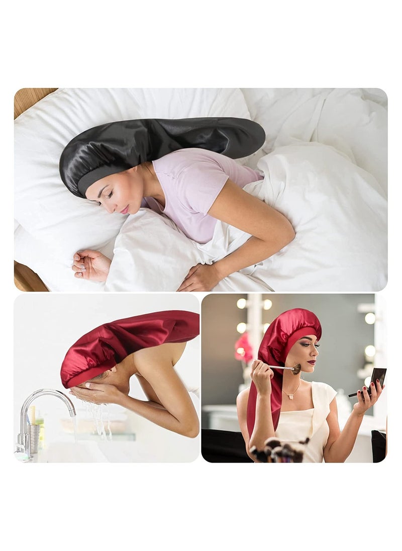 Satin Bonnet Sleep Cap Silk for Natural Hair Long Extra Large Bonnets Women Night Wide Elastic Band Very Soft Comfortable Black+Red