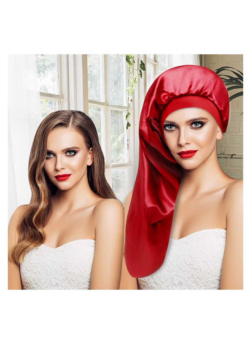 Satin Bonnet Sleep Cap Silk for Natural Hair Long Extra Large Bonnets Women Night Wide Elastic Band Very Soft Comfortable Black+Red