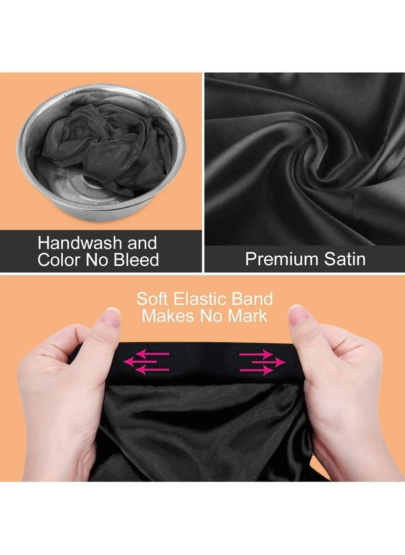 Satin Bonnet Sleep Cap Silk for Natural Hair Long Extra Large Bonnets Women Night Wide Elastic Band Very Soft Comfortable Black+Red
