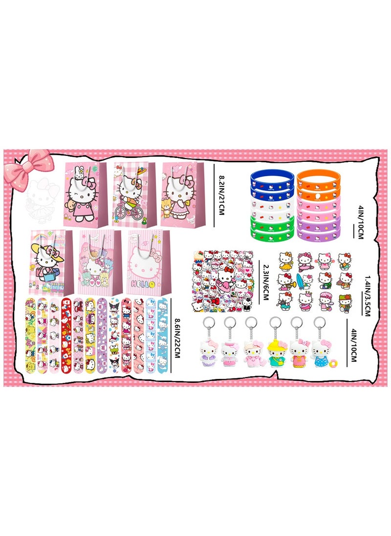 Kitty Birthday Party Favors, 110PCS Kitty Birthday Party Favors Set Kitty Birthday Party Supplies Include Gift Bag Slap bands Keychains Stickers Badge Wristband for Kawaii Theme Party Gifts, serve 12