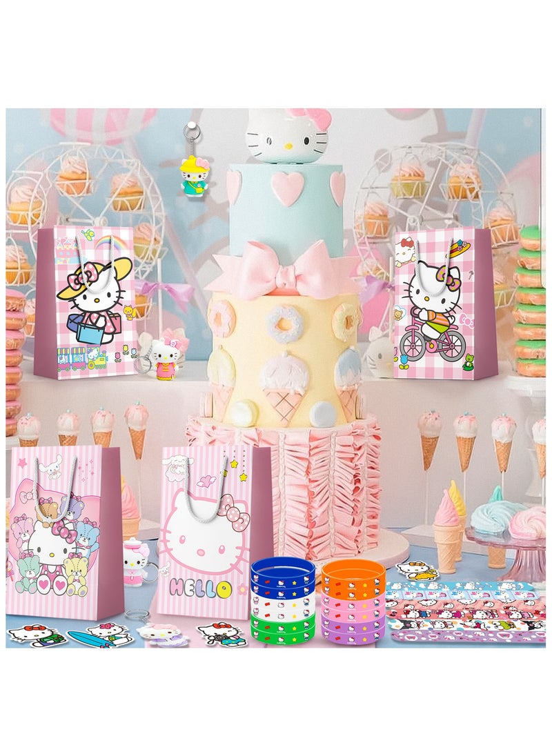 Kitty Birthday Party Favors, 110PCS Kitty Birthday Party Favors Set Kitty Birthday Party Supplies Include Gift Bag Slap bands Keychains Stickers Badge Wristband for Kawaii Theme Party Gifts, serve 12