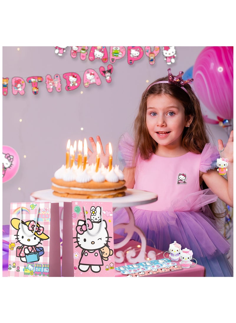 Kitty Birthday Party Favors, 110PCS Kitty Birthday Party Favors Set Kitty Birthday Party Supplies Include Gift Bag Slap bands Keychains Stickers Badge Wristband for Kawaii Theme Party Gifts, serve 12