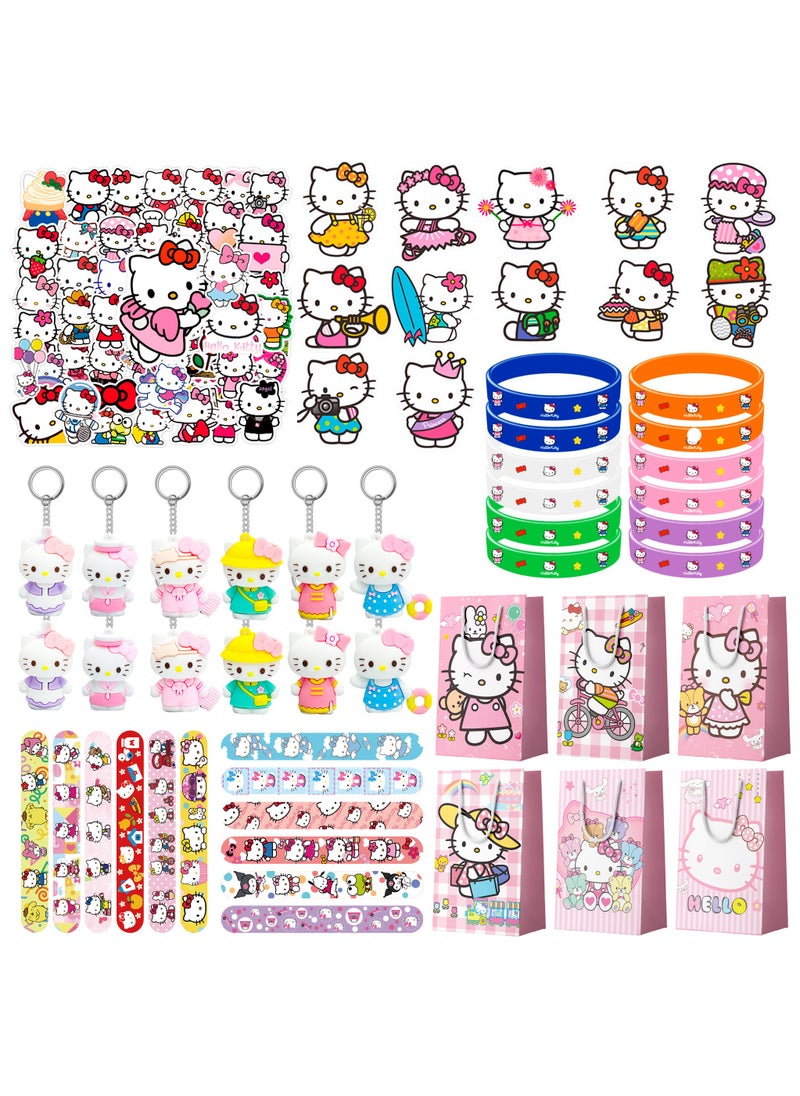 Kitty Birthday Party Favors, 110PCS Kitty Birthday Party Favors Set Kitty Birthday Party Supplies Include Gift Bag Slap bands Keychains Stickers Badge Wristband for Kawaii Theme Party Gifts, serve 12