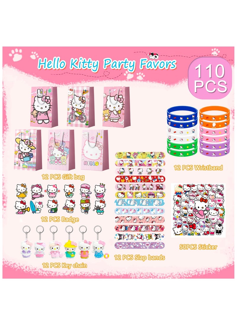 Kitty Birthday Party Favors, 110PCS Kitty Birthday Party Favors Set Kitty Birthday Party Supplies Include Gift Bag Slap bands Keychains Stickers Badge Wristband for Kawaii Theme Party Gifts, serve 12