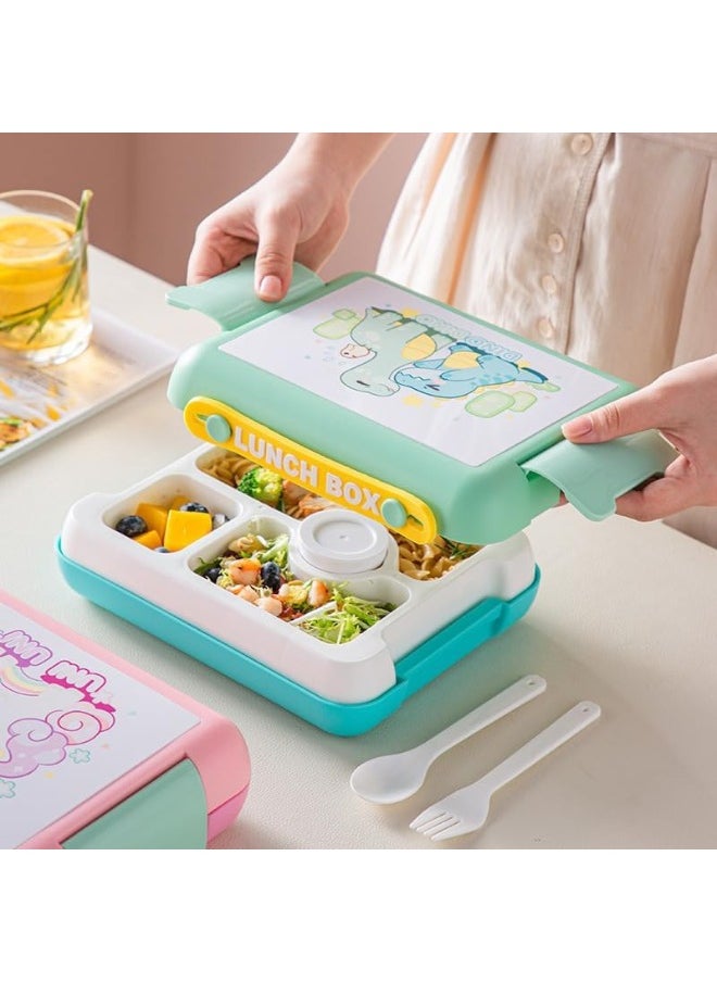 Twisoo Kids Dino Bento Box - 4 Compartments, Leak-Proof, BPA-Free, Portable with Handle, Dishwasher Safe, Tiffany ( Green )