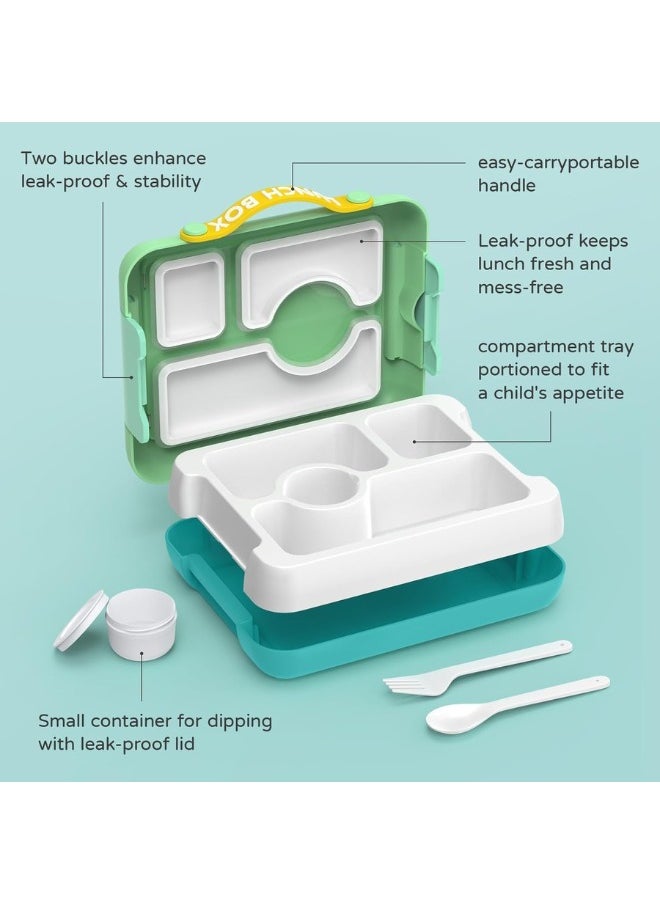 Twisoo Kids Dino Bento Box - 4 Compartments, Leak-Proof, BPA-Free, Portable with Handle, Dishwasher Safe, Tiffany ( Green )