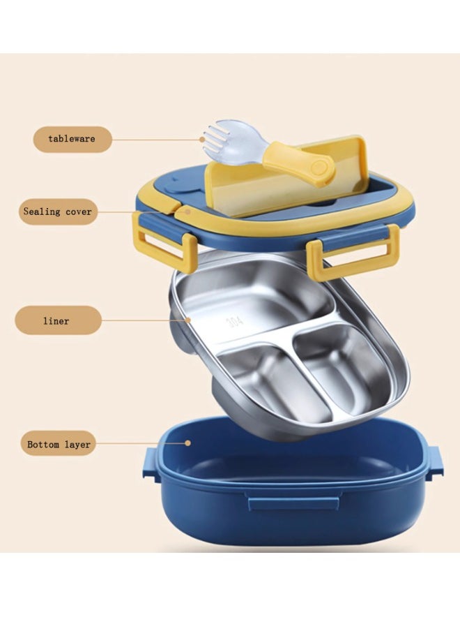 Twisoo Large Capacity Stainless Steel Lunch Box - 3 Compartments, Portable Bento Box with Spoon, Ideal for Home & Outdoors ( Blue )