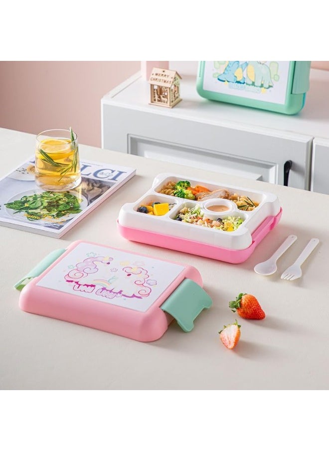 Twisoo Kids Dino Bento Box - 4 Compartments, Leak-Proof, BPA-Free, Portable with Handle, Dishwasher Safe, Tiffany ( Pink )