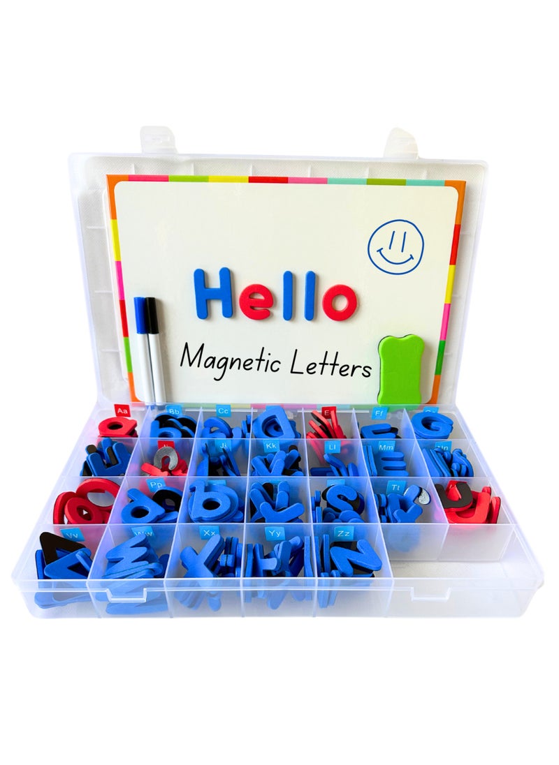 English Magnetic Letters with Magnetic Board & Storage Box- 2-in-1 Educational Toy Set for Preschoolers (Includes 2 Markers, 1 Eraser) - English Alphabet Learning Set