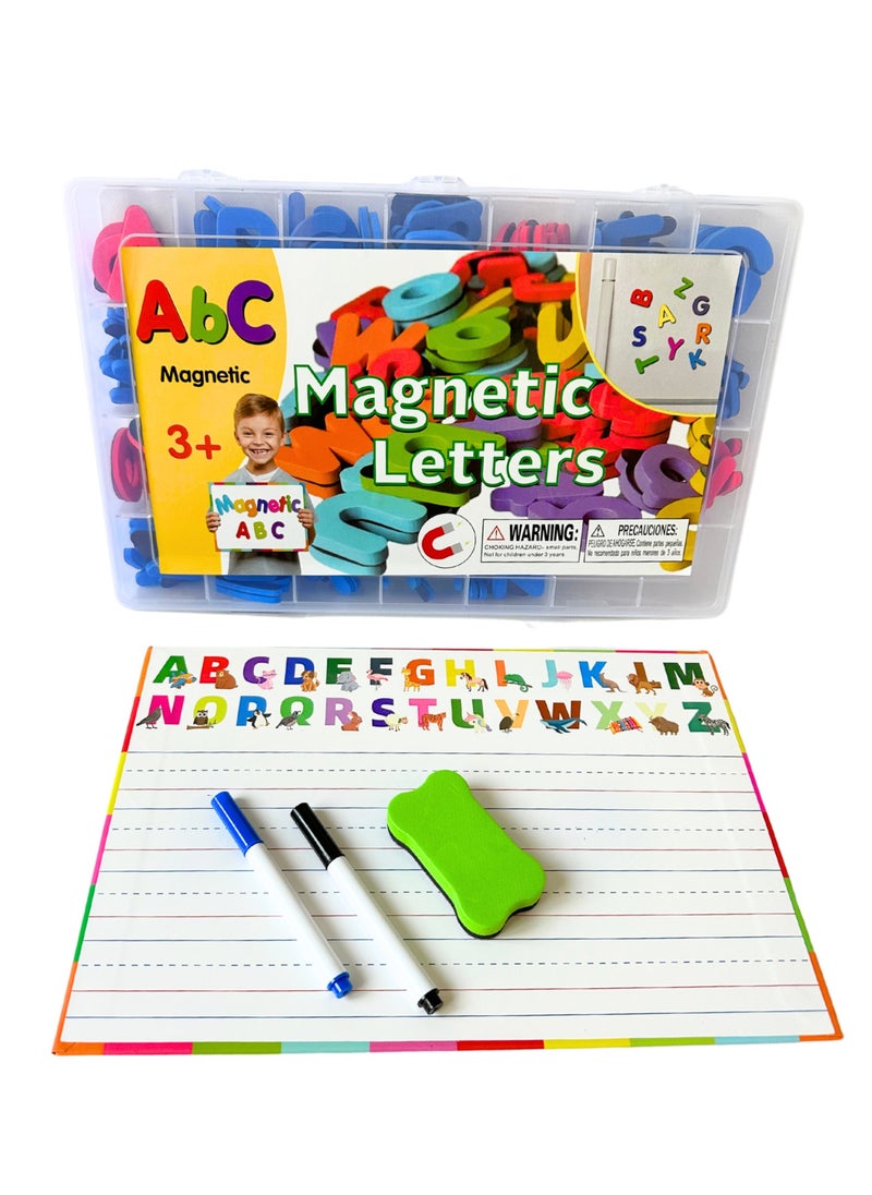 English Magnetic Letters with Magnetic Board & Storage Box- 2-in-1 Educational Toy Set for Preschoolers (Includes 2 Markers, 1 Eraser) - English Alphabet Learning Set