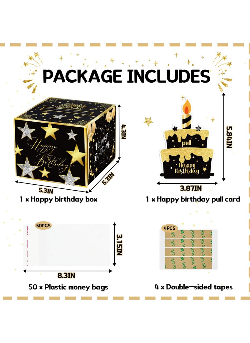 Birthday Money Box with Pull Out Card, Surprise Cash Gift Box with 30 Transparent Bags, Ideal for Women, Men, Friends, Kids' Birthday