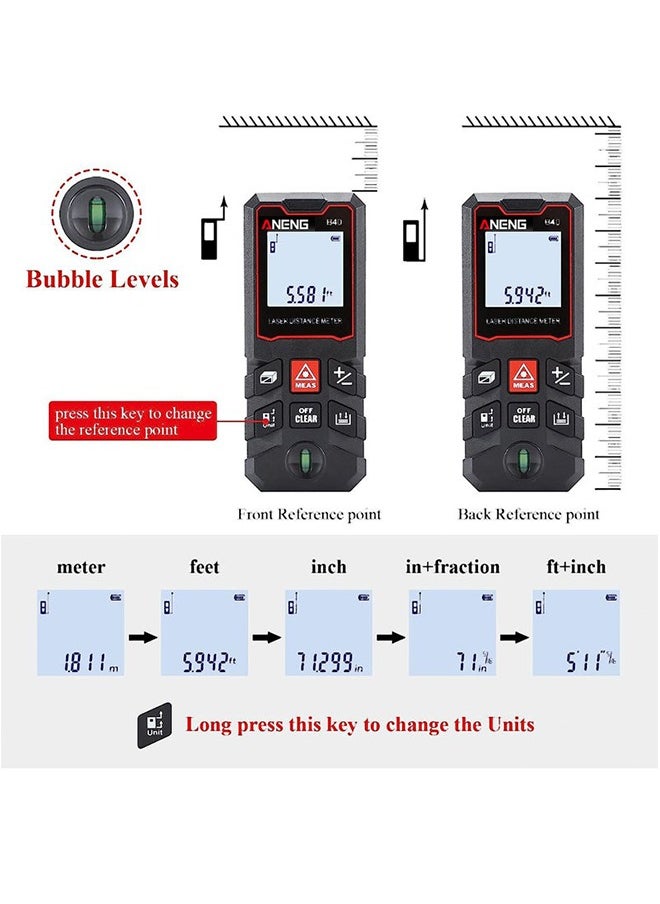 Laser Measure 40M, Ft/in/M Unit Switch Digital Laser Tape Measure with Bubble Level Laser Measurement Tool, LCD Backlit Laser Distance Measure Pythagorean Mode Area and Volume Measuring