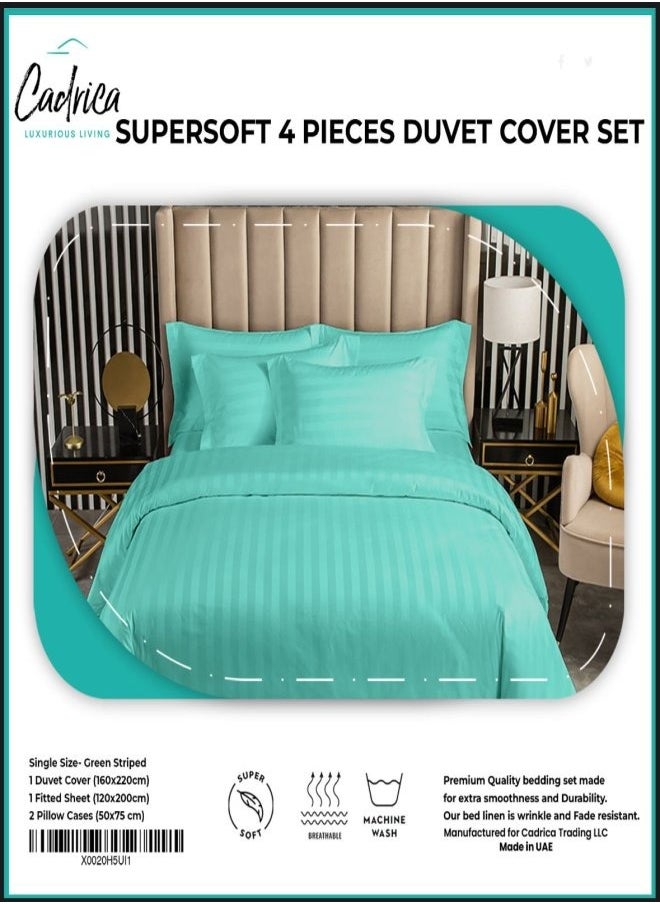 Hotel Bedding Linen Set - 4 Piece Single Duvet Cover Set - Includes 1 Fitted Sheet 120x200cm, 1 Duvet Cover 160x220cm, and 2 Pillowcases 50x75cm - Super Soft, Luxurious, and Elegant - Stripe - Green