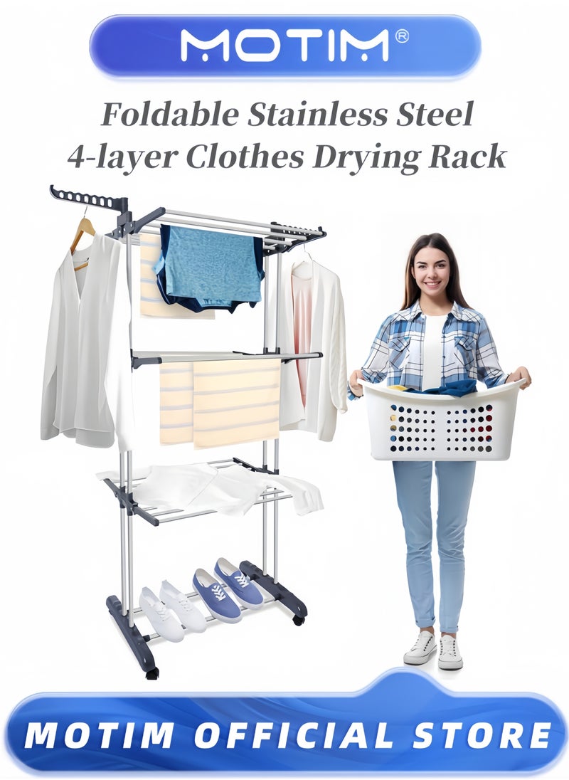 4 Tier Clothes Drying Rack Folding Clothes Rail with Movable Multifunctional Stainless Steel Laundry Drying Rack Two Side Wings for Indoor and Outdoor Use