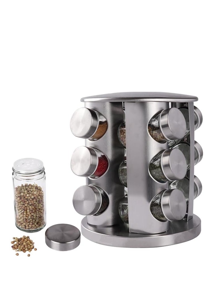 Rotary spice rack with 12 stainless steel jars and shatterproof glass jars for home and kitchen.