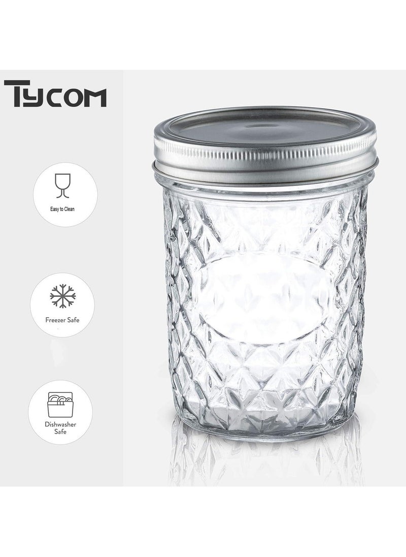 Tycom Mason Jars 12-Pack Quilted Glass Jars with Lid and Seal Bands Airtight Container for Pickling Canning Candles 12 Pieces Transparent.