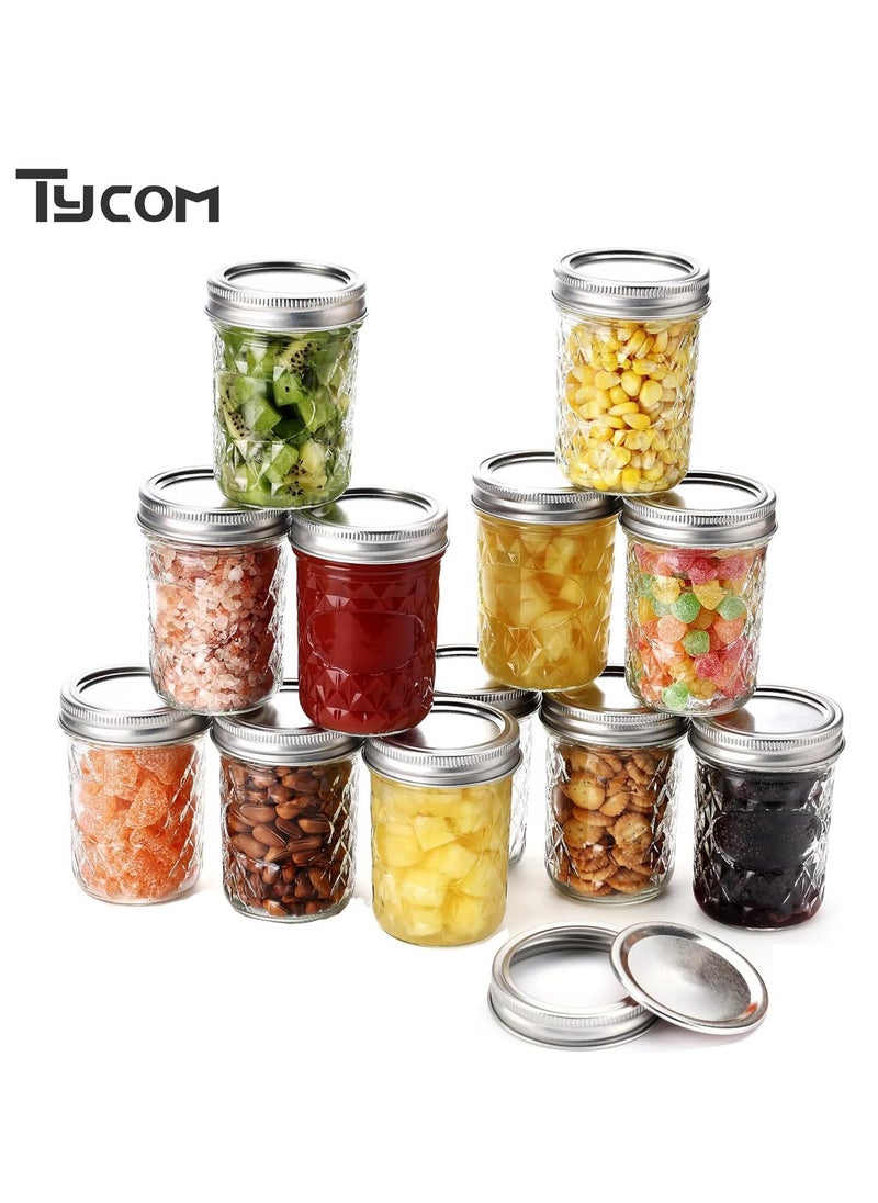 Tycom Mason Jars 12-Pack Quilted Glass Jars with Lid and Seal Bands Airtight Container for Pickling Canning Candles 12 Pieces Transparent.