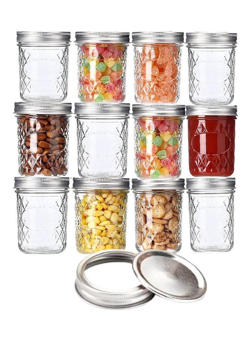 Tycom Mason Jars 12-Pack Quilted Glass Jars with Lid and Seal Bands Airtight Container for Pickling Canning Candles 12 Pieces Transparent.