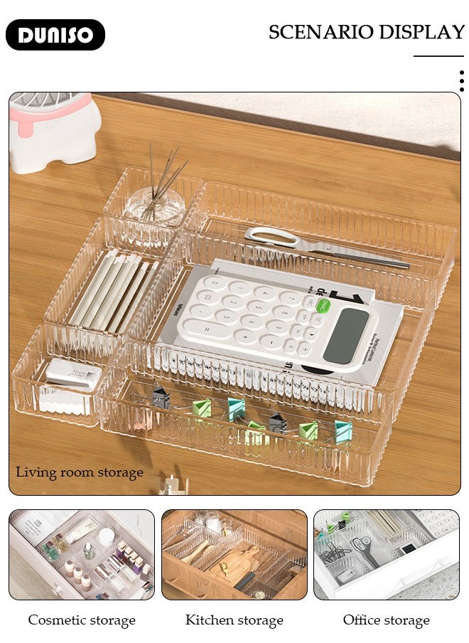 10 PCS Clear Plastic Drawer Organizer Set, 4 Sizes Desk Drawer Divider Organizers and Storage Bins for Makeup, Jewelry, Bathroom and Vanity Drawer Organizer Trays for Kitchen, Bedroom, Office