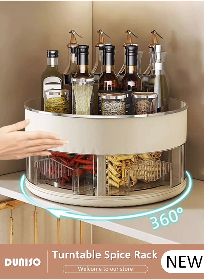 Lazy Susan Organizer Turntable Spice Rack, 2 Tier Clear Rotating Turntable Organizer with Divider drawers, 360° Rotating Storage Rack,Rotating Lazy Susan Turntable for Fridge, Pantry, Cabinet, Table, Makeup, Bathroom