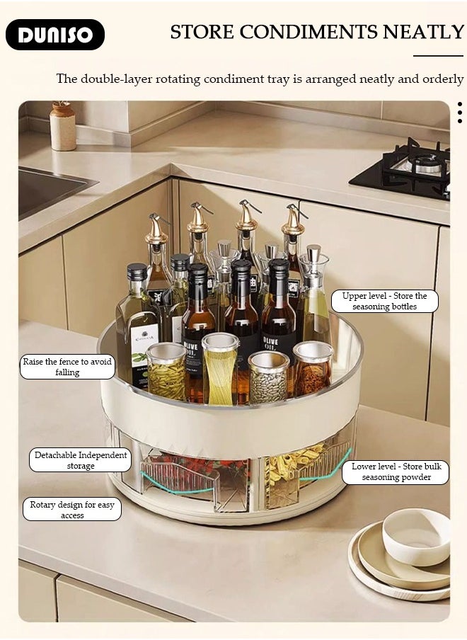 Lazy Susan Organizer Turntable Spice Rack, 2 Tier Clear Rotating Turntable Organizer with Divider drawers, 360° Rotating Storage Rack,Rotating Lazy Susan Turntable for Fridge, Pantry, Cabinet, Table, Makeup, Bathroom