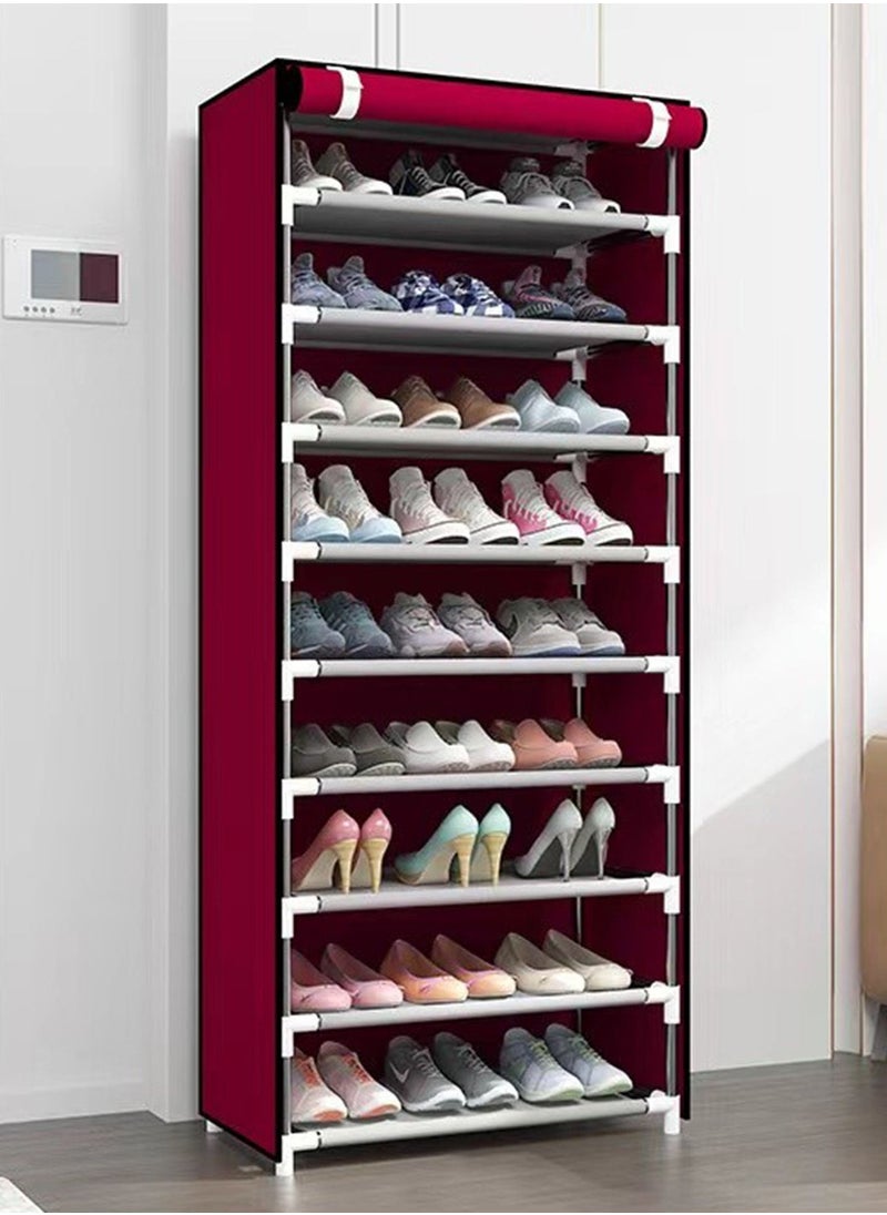 9 Tiers Shoes Rack with Dustproof Cover Adjustable Tall Shoe Storage Hold 24 Pairs of Shoes Cabinet Closet Shoe Organizer Shelf Doorway Corridor 30x60x155cm, Red