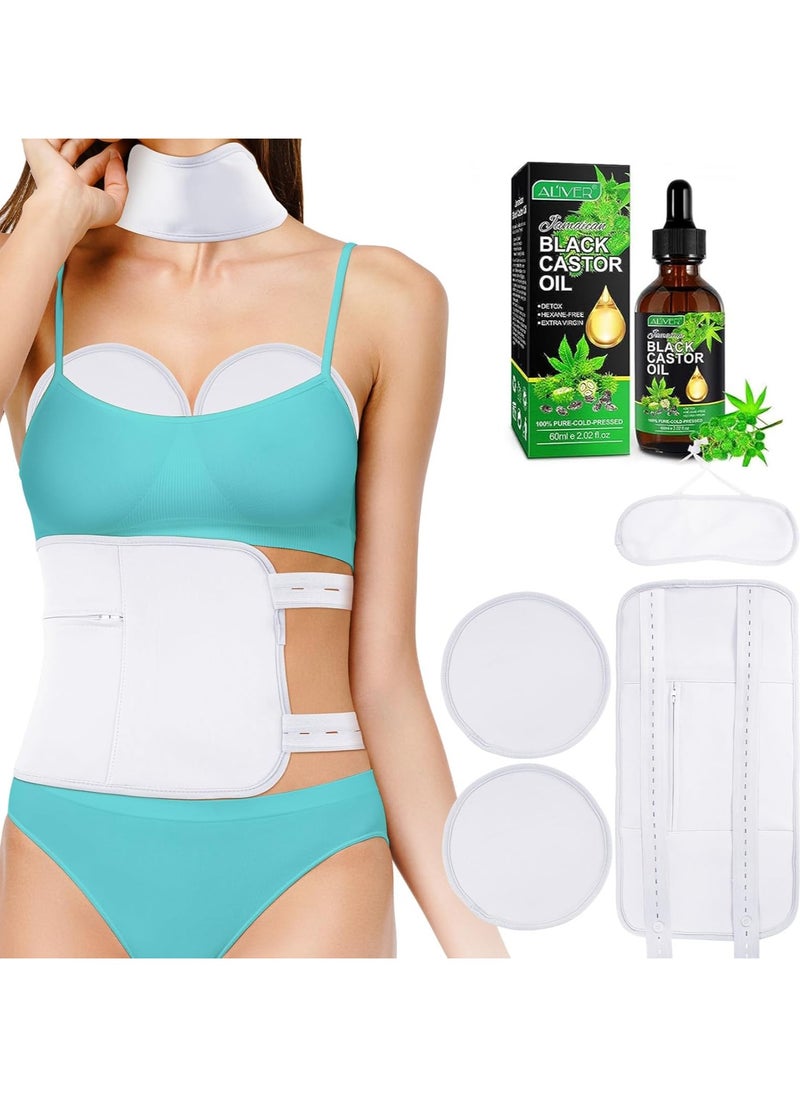 ALIVER Castor Oil Wrap Pack White (Oil Included), Reusable Castor Oil Pack Kit Bamboo Cotton Castor Oil Pack Wrap for Neck Relaxation, Constipation, Insomnia, Muscle Pain