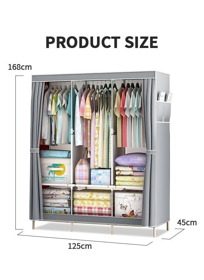 Wardrobe Storage Closet,Fabric Clothes Organizer With Side Pockets,Zipper And Hanging Rail,Foldable Non-Woven Textile Storage Clothing Rack,Grey
