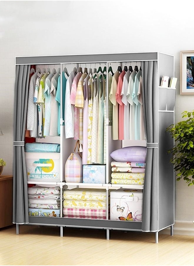 Wardrobe Storage Closet,Fabric Clothes Organizer With Side Pockets,Zipper And Hanging Rail,Foldable Non-Woven Textile Storage Clothing Rack,Grey
